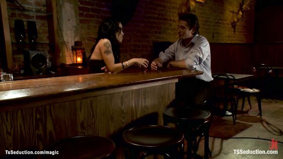 Busty shemale bartender fucking client