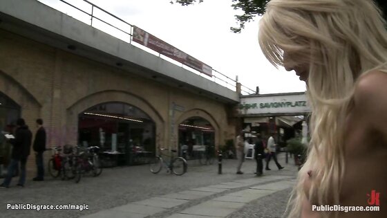 Strapped arms blonde fucked in public