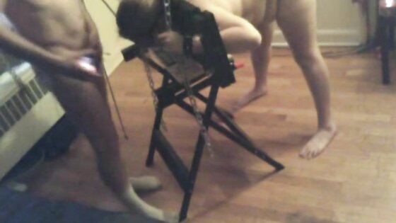 My sub wife worships my cock in a scaffold