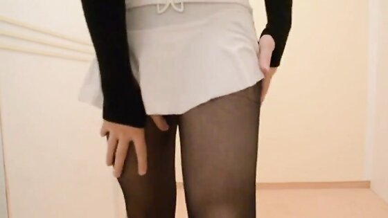 me crossdressing in pantyhose wanking my cock with cumshot