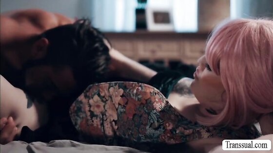 Pink haired shemale lets her sad stepbrother fuck her ass