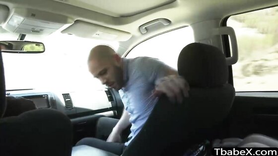 Small tits shemale Kate Zoha gives a blowjob at the backseat